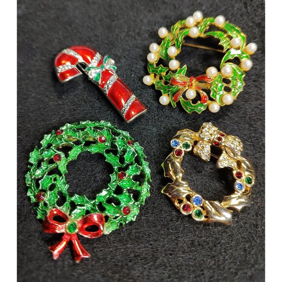 Set Of 4 Christmas Brooches: (1 Merksamer) Wreath & Candy Cane Enamel, Vintage - Picture 3 of 11